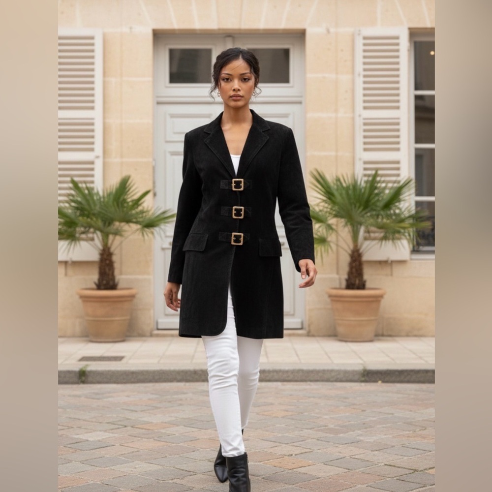 Danier Women's Suede Leather Black Blazer with Triple Buckle Detail